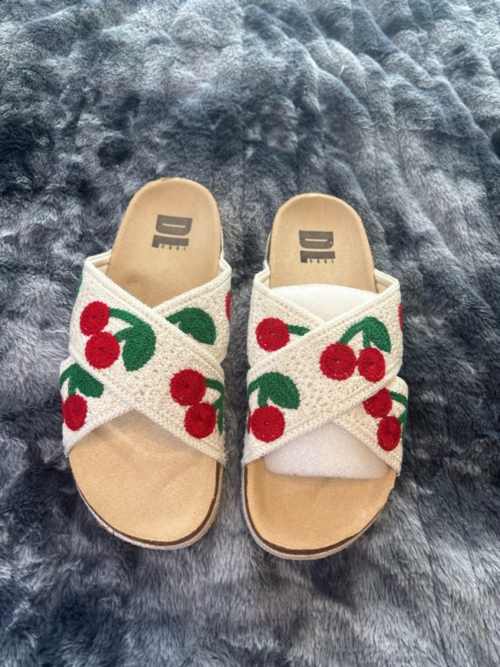 Dirty Laundry Cream Slide Sandals with Red Cherry Embroidery - Picture 2 of 8